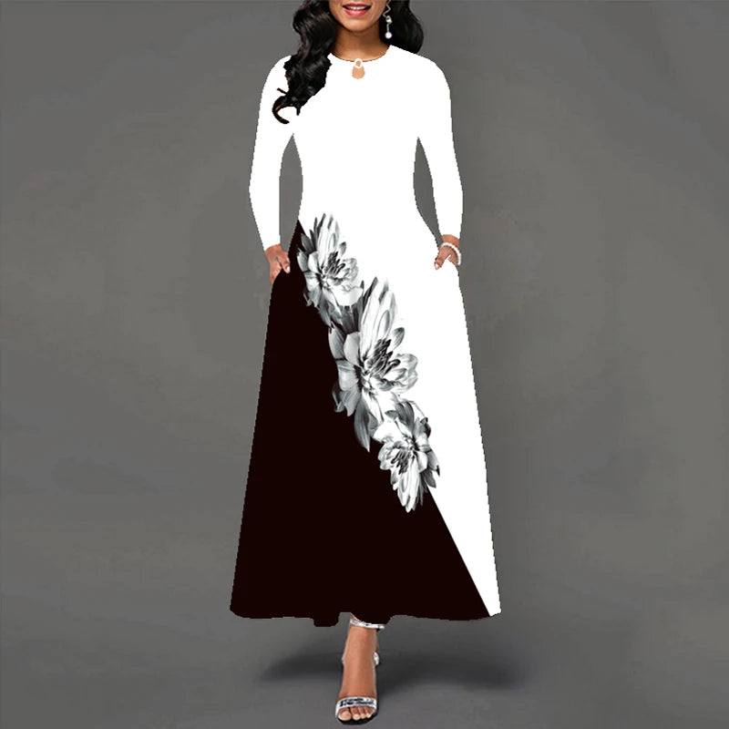 2023 Plus Size Autumn Winter Long Dress Women White Long Sleeve O-neck Pocket Elegant Dresses Casual Flowers Print Vintage Dress