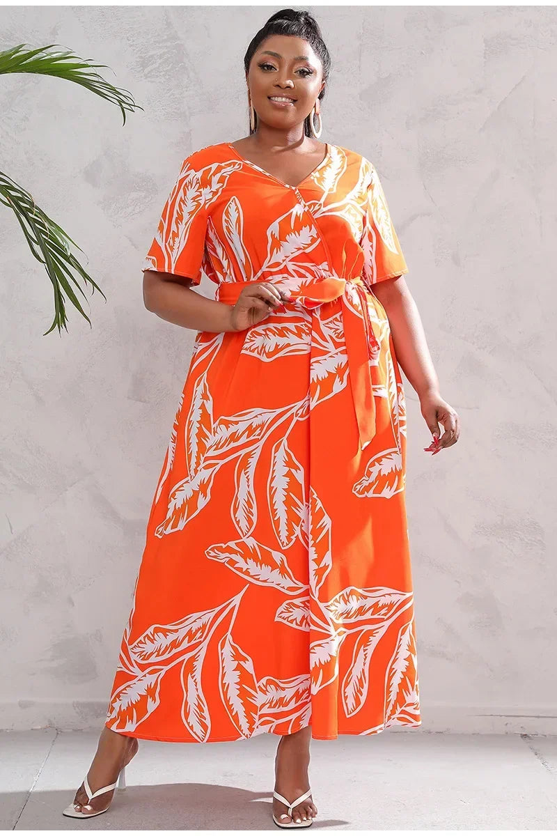 plus size New best-selling oversized loose V-neck dress for women with elastic waist  short sleeved printed long skirt