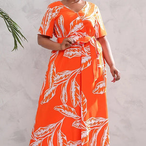 plus size New best-selling oversized loose V-neck dress for women with elastic waist  short sleeved printed long skirt