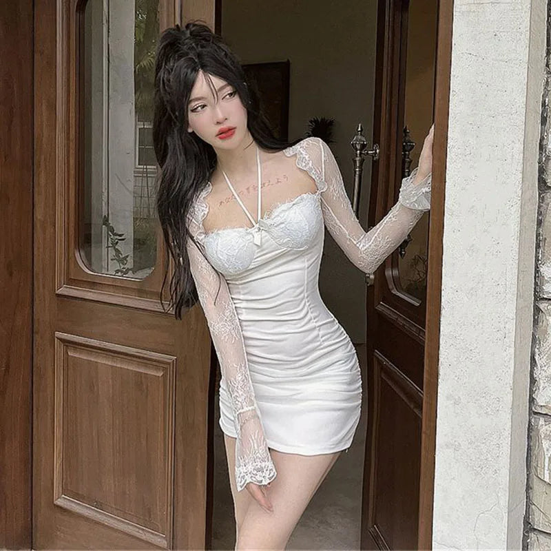 Sexy Lace Patchwork Long Sleeve Dress for Women Korean Skinny Lace-Up Design Bag Hip Dresses Woman Summer Night Club White Dress