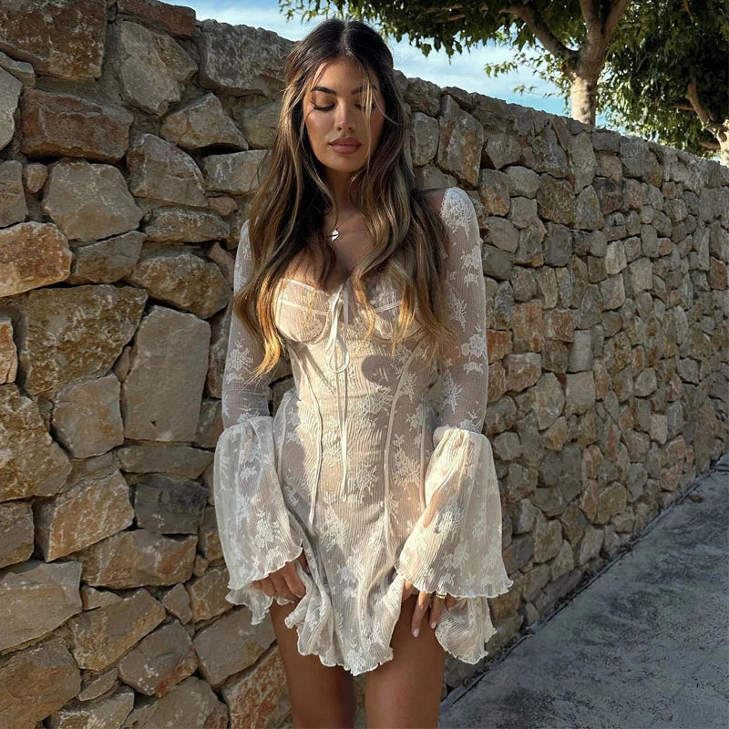 DGLUKE Elegant White Lace Mini Dress Women Flare Sleeve A-Line Short Summer Dresses 2024 Fashion Women's Evening Party Dresses