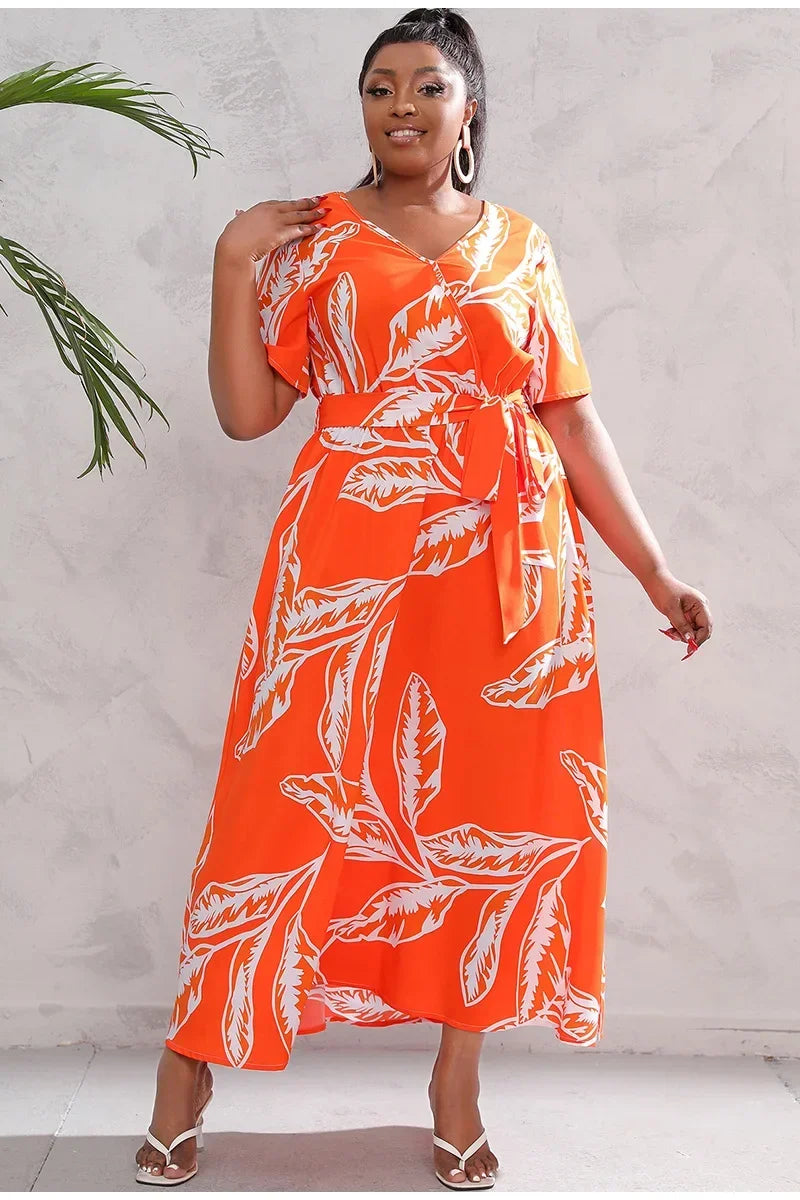 plus size New best-selling oversized loose V-neck dress for women with elastic waist  short sleeved printed long skirt