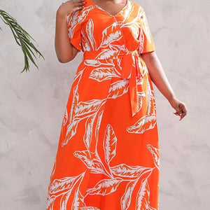 plus size New best-selling oversized loose V-neck dress for women with elastic waist  short sleeved printed long skirt