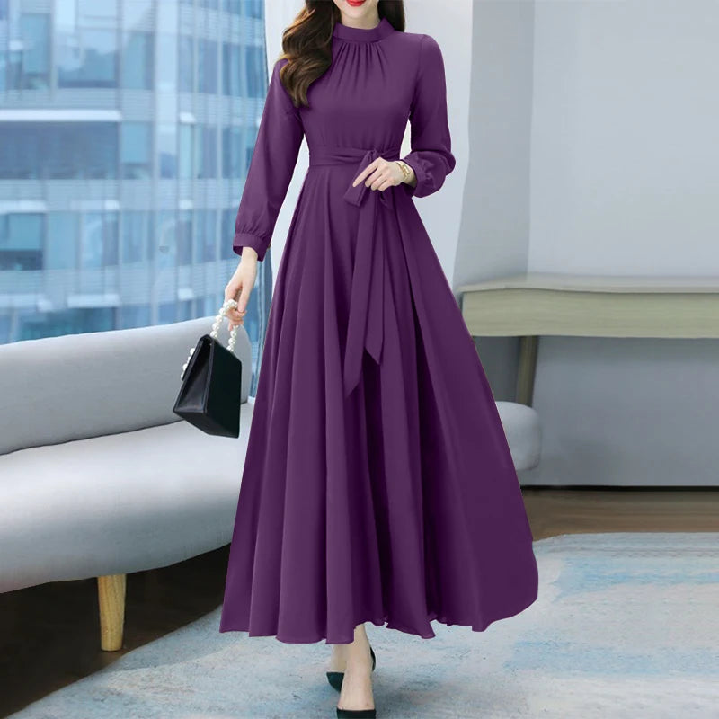 ZANZEA Autumn Women Fashion Party Dress Long Sleeve A-line Long Sundress Solid Holiday Maxi Dresses Vestidos Femme Vintage Robe