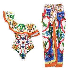 Retro Bikini Printed Fashion Two Piece Swimsuit And Cover Up With Pants Tight Women's Bandage Summer Beach Luxury Elegant