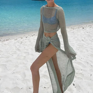 Knitted Crochet Beach Cover Ups Swimsuit Two Pieces Bathing Suit Women Sexy Long Sleeve Hollow Crop Tops Split Maxi Skirts