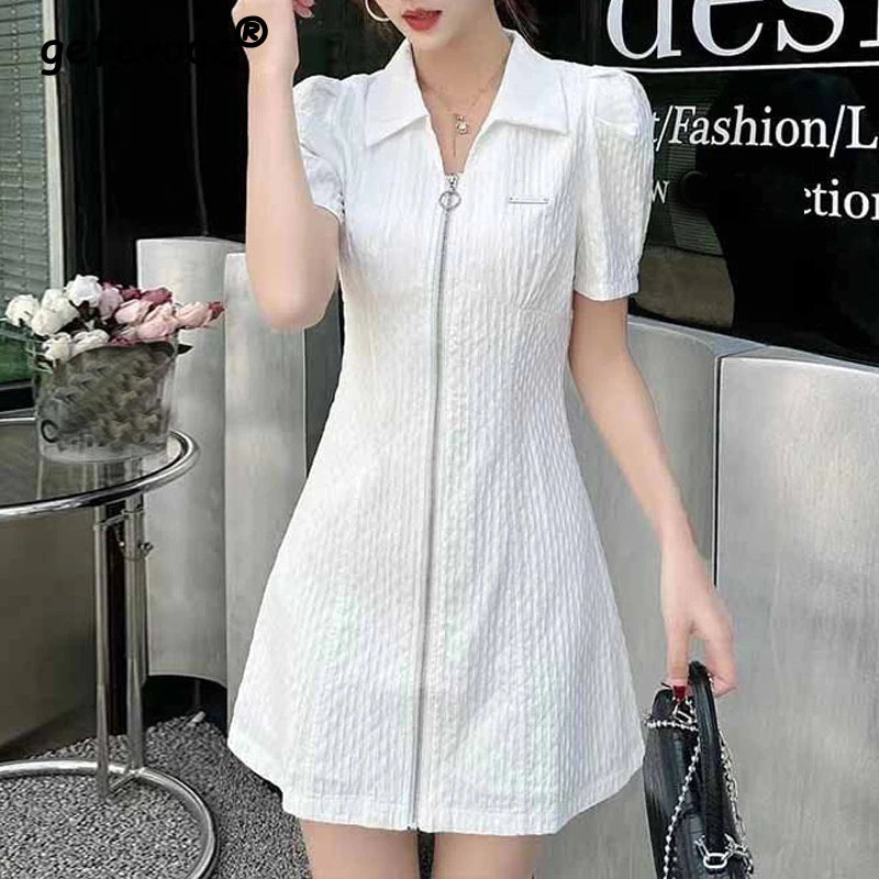 Summer Fashion Retro French Style Black White Chic Elegant Dresses for Women Casual Zipper Short Sleeve Slim Midi Dress Vestidos