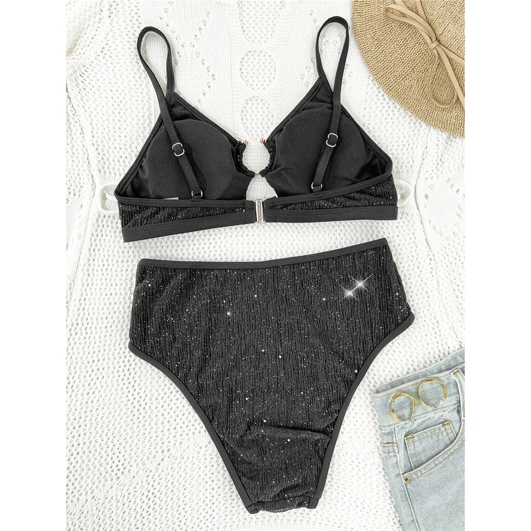 Glitter Sparkling Cut Out Female Swimsuit High Waist Bikini Women Swimwear Two-pieces Bikini set Bather Bathing Suit Swim V5389