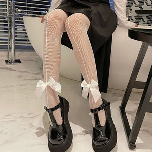 Women Sexy Mesh Fishnet Tights Stockings Pantyhose Bows Transparent Gothic Party Club White Black Women Netting Socks Lingeries