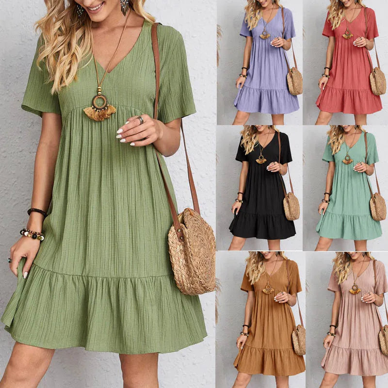 Vintage Solid Elegant Women Dress 2023 Summer Fashion Casual V-Neck High Waist A-Line Mini Dresses Lady Short Sleeve Party Dress