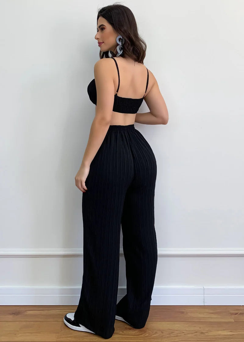 Women's Pleated Black Wide Leg Pants Set Sexy Drawstring Tracksuits Jogging Suit Short Top Streetwear Summer Outfits Y2k Clothes