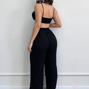 Women's Pleated Black Wide Leg Pants Set Sexy Drawstring Tracksuits Jogging Suit Short Top Streetwear Summer Outfits Y2k Clothes