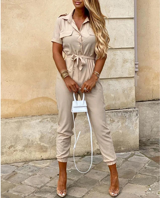 New Summer Jumpsuit Women Elegant Casual Lapel Buckle Printed Female Jumpsuit Woman Trousers Playsuit Overalls Bodysuit Romper