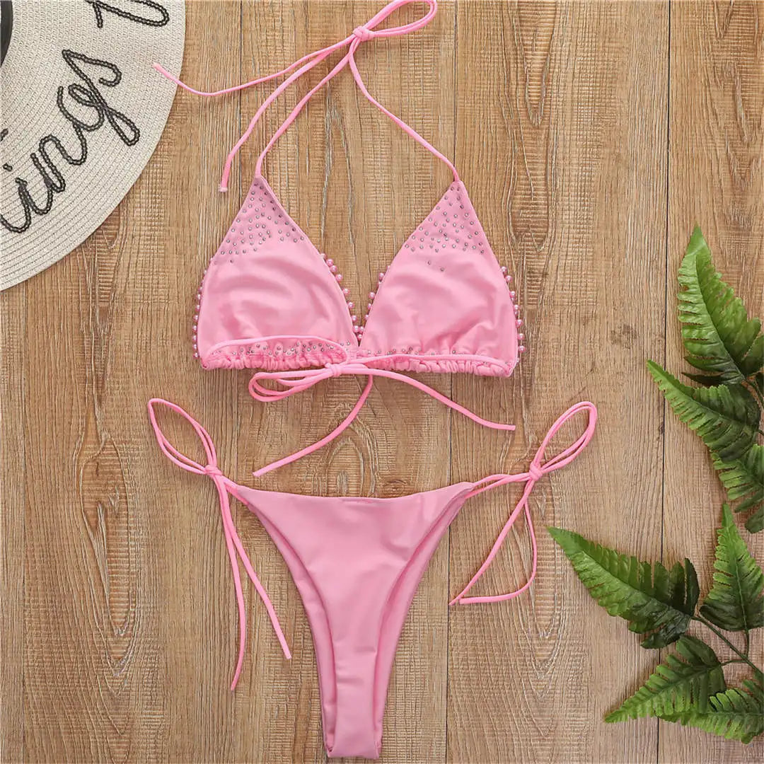 Sexy Halter Mini Bikini Female Swimsuit Women Swimwear Two-pieces Bikini set Luxury Pearl Bather Bathing Suit Swim Lady V2090