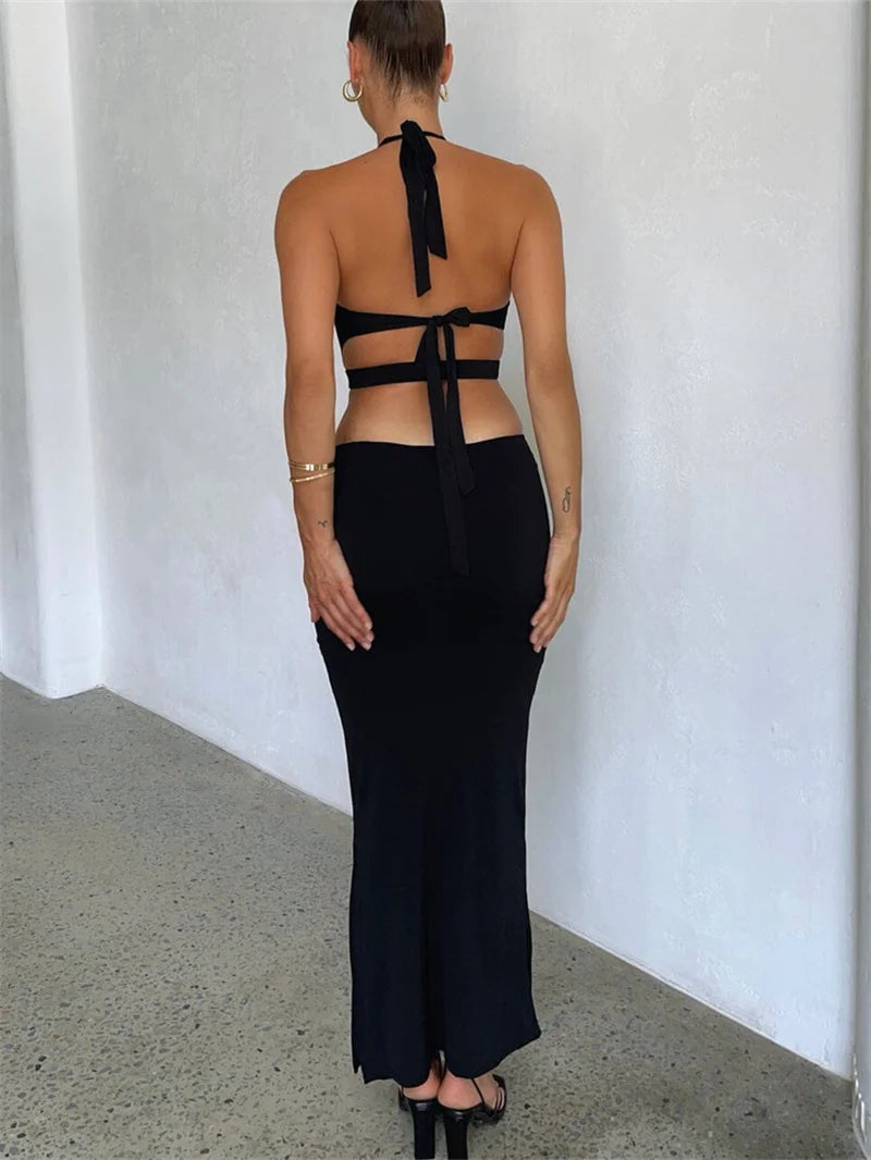 Sexy Cutout Halter Neck Backless Maxi Dress Tie-Up Black Elegant Cocktail Party Dresses for Women Clothing Autumn Fashion