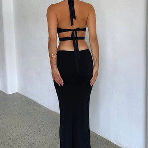 Sexy Cutout Halter Neck Backless Maxi Dress Tie-Up Black Elegant Cocktail Party Dresses for Women Clothing Autumn Fashion