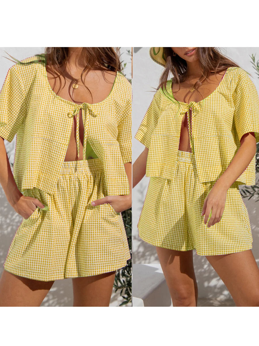 Women’s 2 Piece Outfits Short Sleeve Tie-up Front Tops + Pocket Shorts Set Streetwear Casual Summer Suit