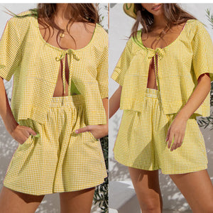 Women’s 2 Piece Outfits Short Sleeve Tie-up Front Tops + Pocket Shorts Set Streetwear Casual Summer Suit