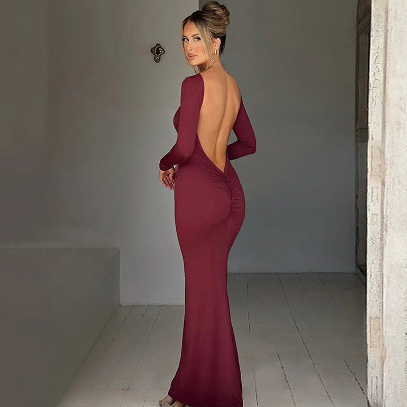 Autumn Winter Sexy Backless Bodycon Ruched Evening Party Maxi Long Dress Outfit for Women Long Sleeve Black Club Dresses Vestido