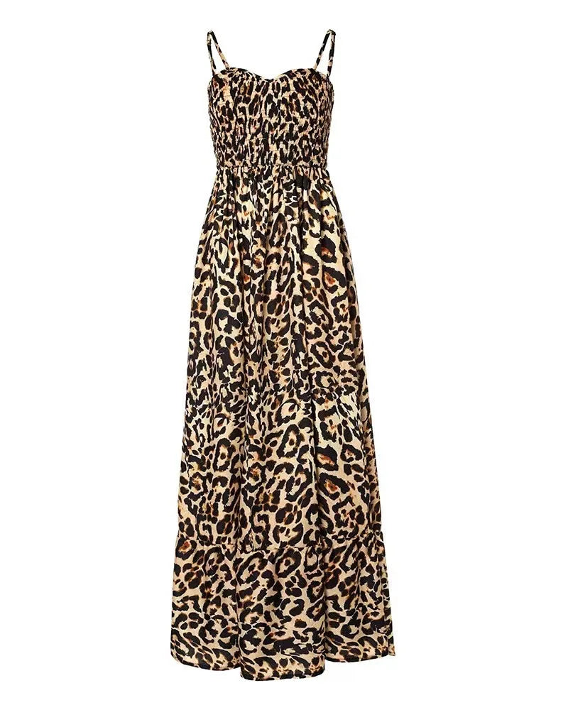 Summer new leopard print camisole V-neck dress high waisted skirt sexy temperament  long skirt women's clothing plus size