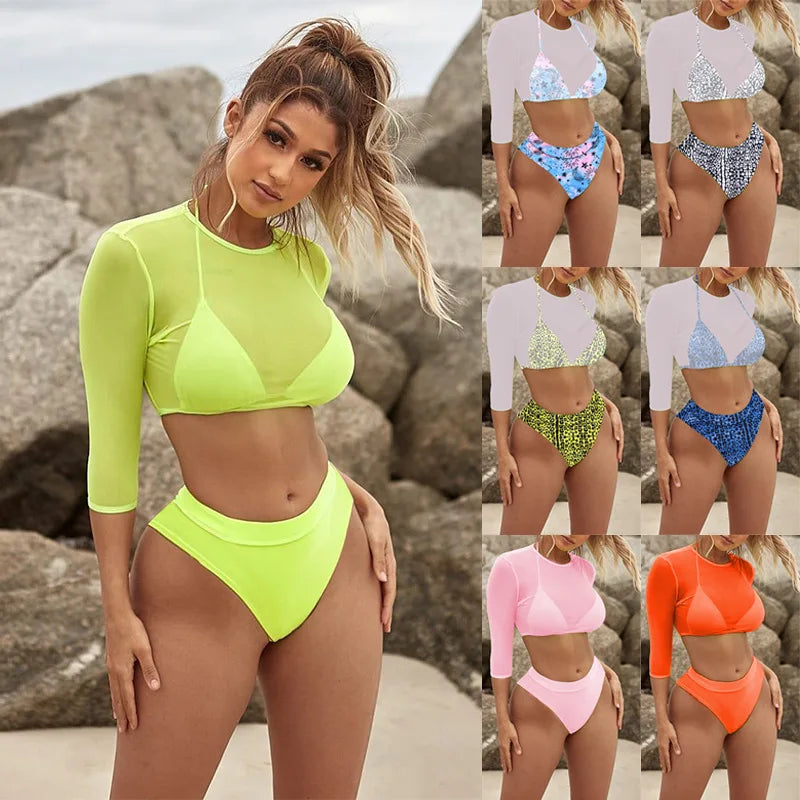 Sexy Neon orange Bikini 2023 Women Long Sleeve Mesh Cover Up 3 Piece Swimsuit High Cut Push Up Bathing Suit high waist Swimwear