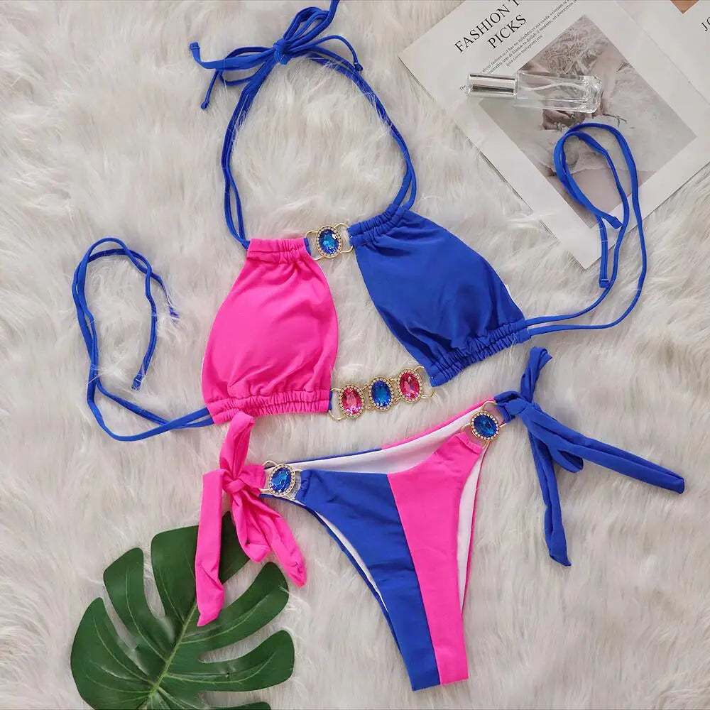 Pink Sexy Bikinis Swimsuit With Rhinestones Women Swimwear Female Push Up Bikini Beach Swim Wear Bathing Suits Pool Bather 2024