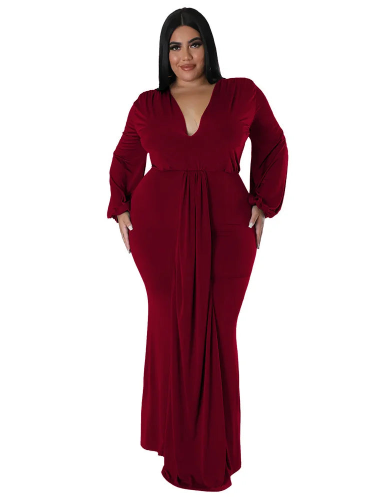 Wmstar Plus Size Party Dresses for Women Long Sleeve Stretch Sexy V Neck Elegant Maxi Dress Fall Clothes Wholesale Dropshipping