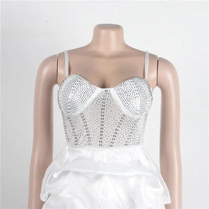 New Women Summer Strap Mesh Patchwork Diamonds Sexy Party Ball Gown Dresses 2023 Fashion Rhinestone Night Club Cake Dress White