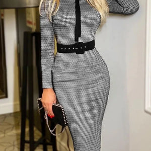 Fashionable Women's Printed Tight A-line Skirt Sexy Suit Collar Dress Wrapped Buttocks For Women With Belt