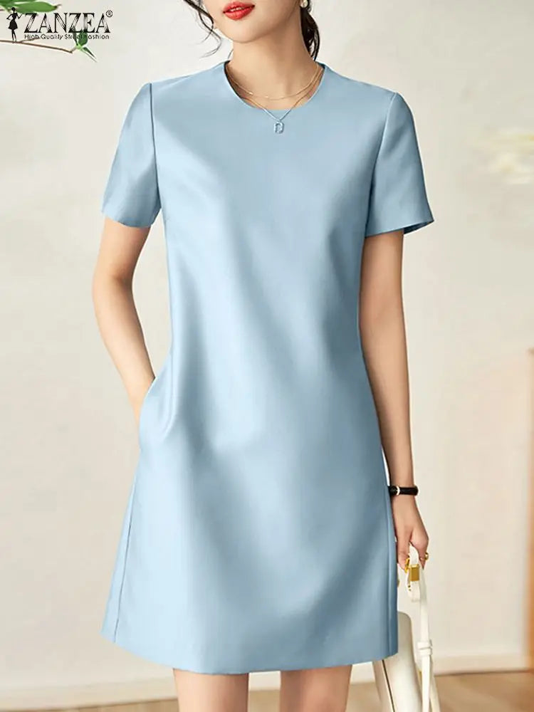 ZANZEA Summer Fashion OL Work Dress Woman Short Sleeve O-Neck Dresses Elegant Solid Knee Length Robe Casual Street Sundress 2023