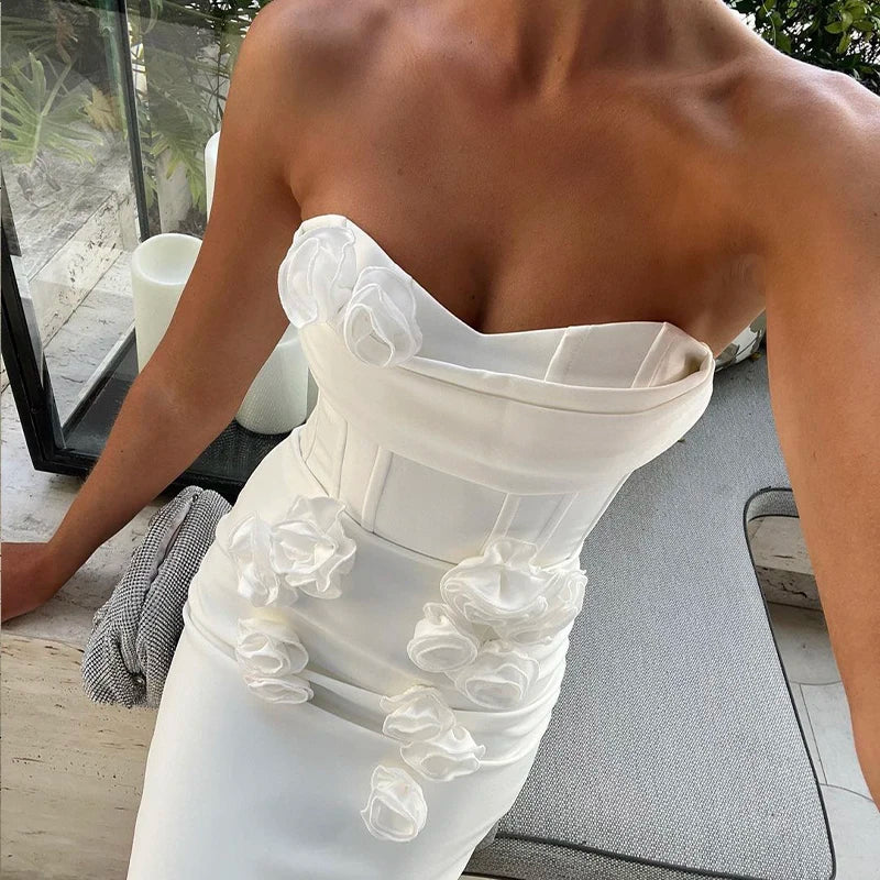 Factory Wholesale Women's White Flowers Strapless Tight Fashion Sexy Celebrity Cocktail Party Bandage Long Dress