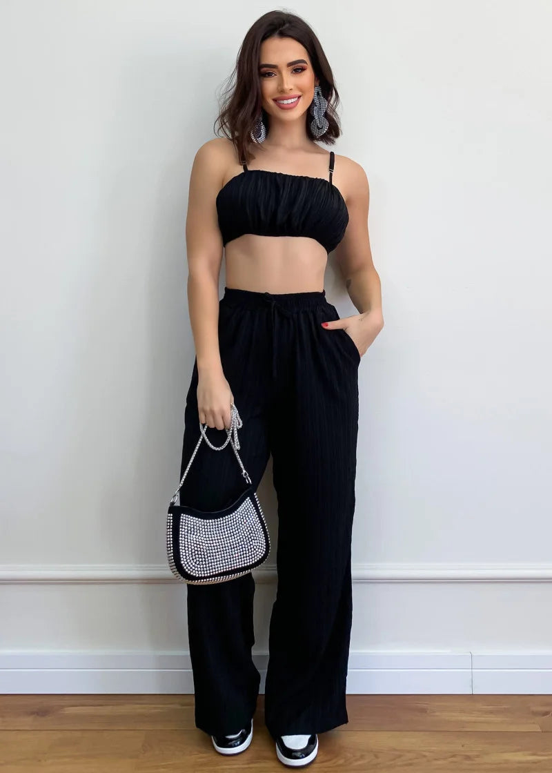 Women's Pleated Black Wide Leg Pants Set Sexy Drawstring Tracksuits Jogging Suit Short Top Streetwear Summer Outfits Y2k Clothes