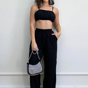 Women's Pleated Black Wide Leg Pants Set Sexy Drawstring Tracksuits Jogging Suit Short Top Streetwear Summer Outfits Y2k Clothes