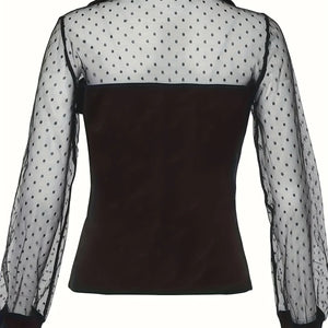 Plus Size Mesh Stitching Top, Casual Polka Dot Long Sleeve Top, Women's Plus Size Clothing