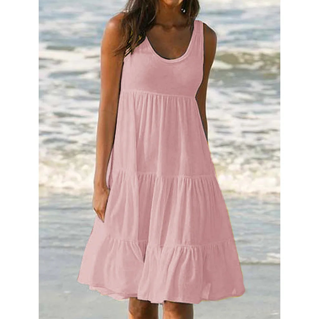 2023 Women Causual O Neck Sleeveless Ruffles Mini Dress Boho Solid Beach Sundress Oversized Loose Dress 2023 Summer