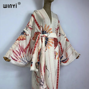 WINYI Bohemian bronzing print Bikini Cover-ups Elegant Self Belted Kimono Dress Women Summer holiday Dress Beach Wear Cover up