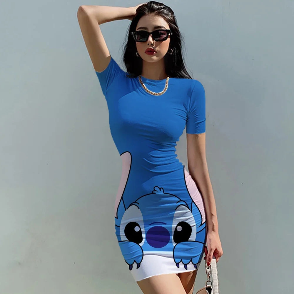 Elegant Dresses for Women 2024 Top Sexy Slim Fit Tight Women's Dress Casual Disney Stitch  Cartoon Fashion Print Mickey S-5XL