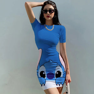 Elegant Dresses for Women 2024 Top Sexy Slim Fit Tight Women's Dress Casual Disney Stitch  Cartoon Fashion Print Mickey S-5XL