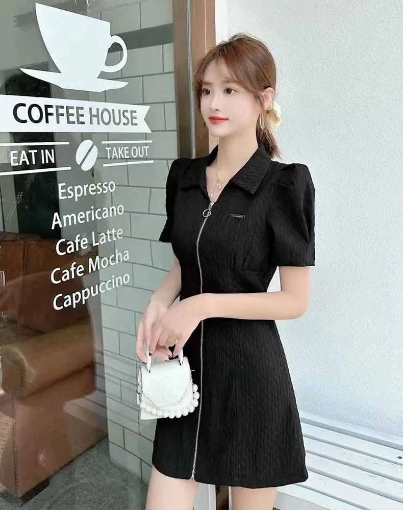 Summer Fashion Retro French Style Black White Chic Elegant Dresses for Women Casual Zipper Short Sleeve Slim Midi Dress Vestidos