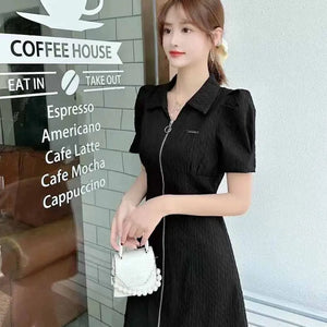 Summer Fashion Retro French Style Black White Chic Elegant Dresses for Women Casual Zipper Short Sleeve Slim Midi Dress Vestidos