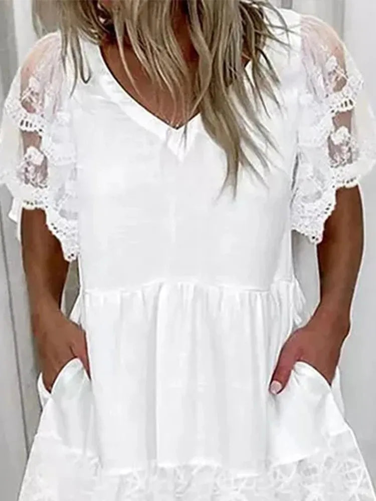 White Lace Patchwork Dress For Women Summer 2024 Casual V-neck Short Sleeved A-line Dress Fashion Boho Beach Dresses