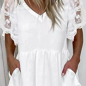 White Lace Patchwork Dress For Women Summer 2024 Casual V-neck Short Sleeved A-line Dress Fashion Boho Beach Dresses