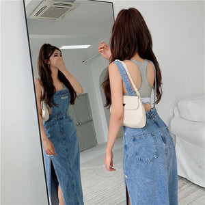 Sleeveless Women Denim Suspender Dress Spring New Midi Skirt Blue Korean Fashion Polo Collar Streetwear Female Braces Slit Dress