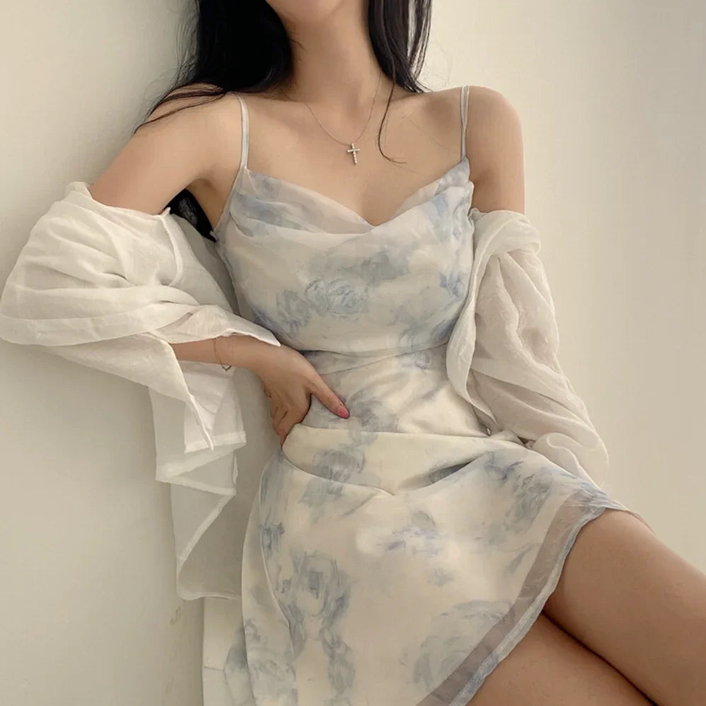 Fashionable Chiffon Suspender Summer Dress Korean Chic Temperament Fresh Ink Painting Print Hollowed Out Backless Dress blue / S 40-50KG Fashionable Chiffon Suspender Summer Dress Korean Chic Temperament Fresh Ink Painting Print Hollowed Out Backless Dress blue / S 40-50KG