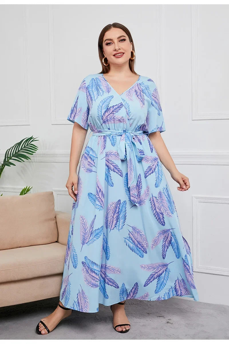 plus size New best-selling oversized loose V-neck dress for women with elastic waist  short sleeved printed long skirt