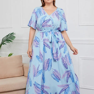 plus size New best-selling oversized loose V-neck dress for women with elastic waist  short sleeved printed long skirt