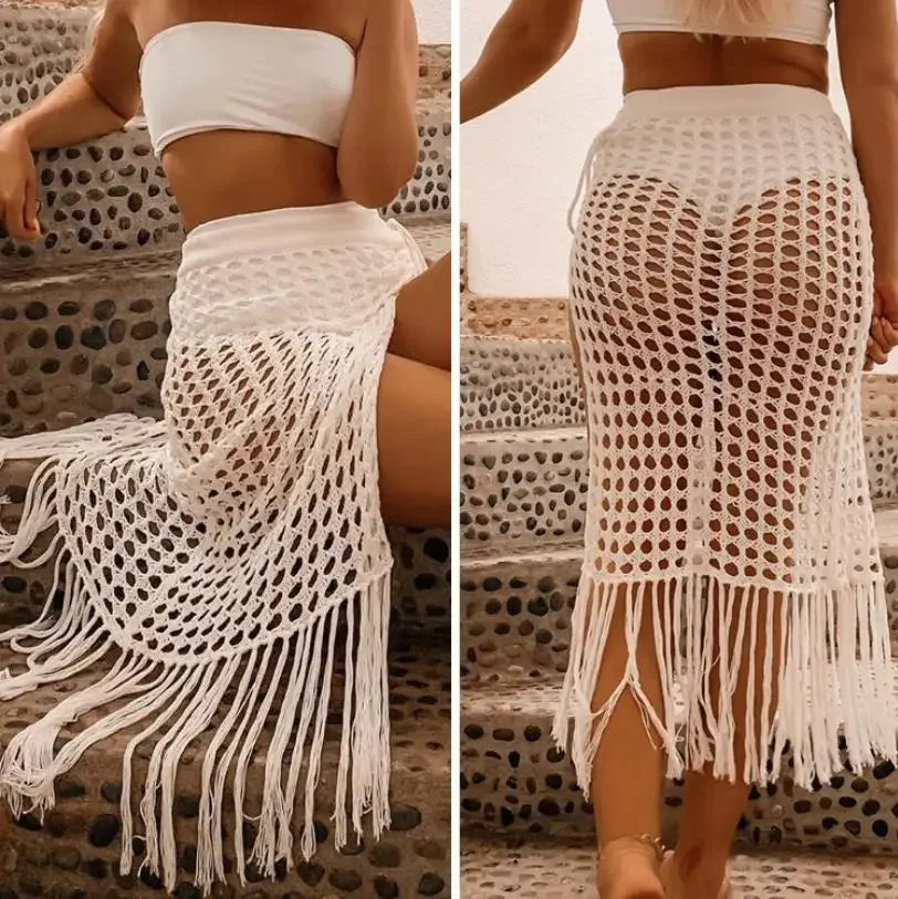 New Sexy Summer Women's Beach Cover Up Womens Fish Net Hollow Out Bikini Cover-Ups Beach Ladies Solid White Holiday Split Skirts