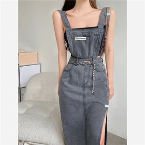 Sleeveless Women Denim Suspender Dress Spring New Midi Skirt Blue Korean Fashion Polo Collar Streetwear Female Braces Slit Dress