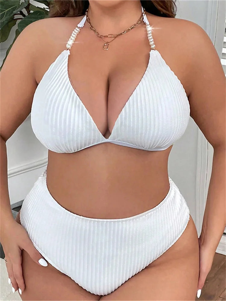 2024 Women Large Size Swimsuit Black White Pearls Strap Push Up High Waist Bikini Set Summer Beach Bathing Suit Swimwear Tankini