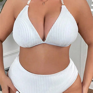 2024 Women Large Size Swimsuit Black White Pearls Strap Push Up High Waist Bikini Set Summer Beach Bathing Suit Swimwear Tankini